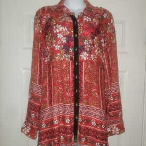 NEW Aratta Silent Journey Red Button Up Blouse Beaded Floral Embroidered Shirt M